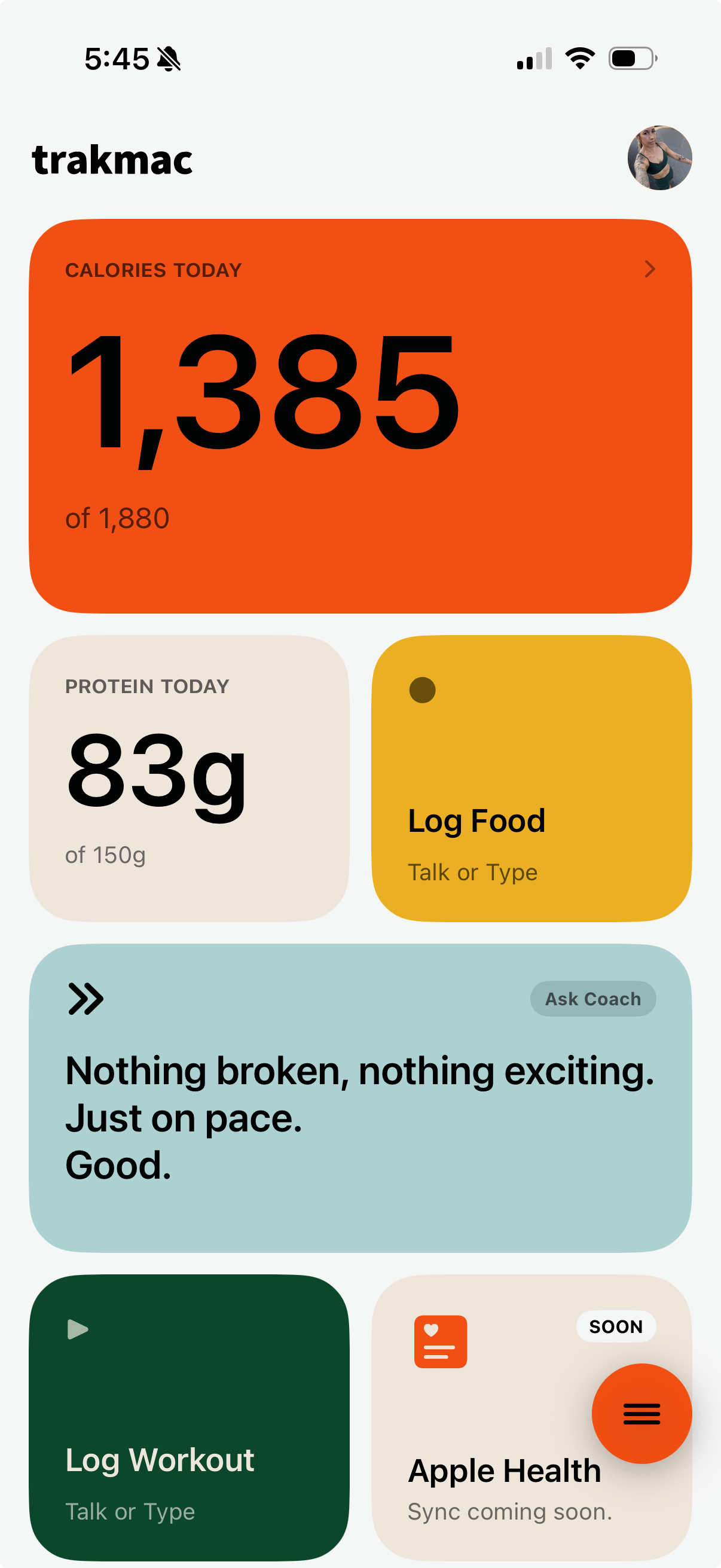TrakMac dashboard showing 1,385 cal today of 1,880 target and 83g protein of 150g