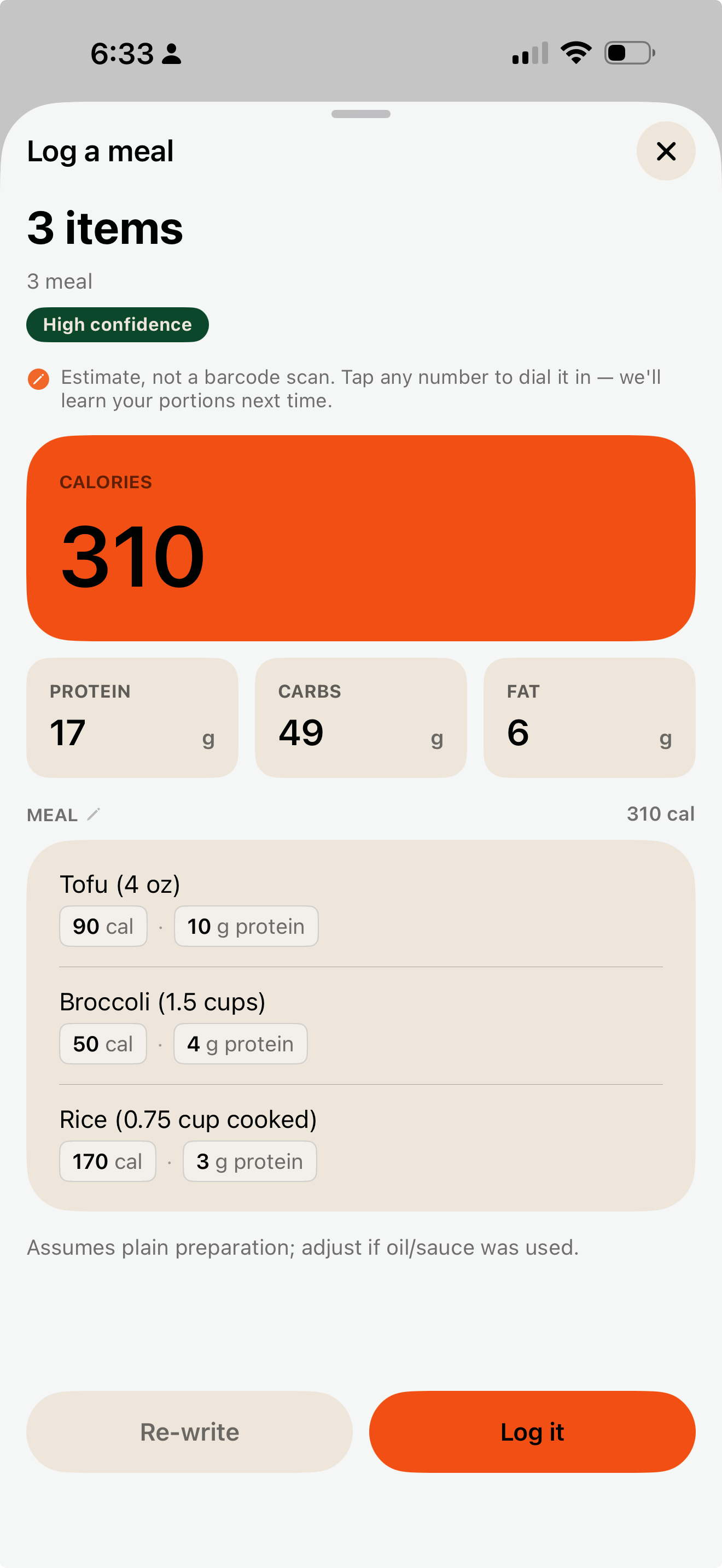 TrakMac showing 310 calories, 17g protein, 49g carbs, 6g fat for a tofu bowl